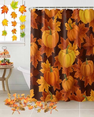 Shower Curtain Bathroom Set Thanksgiving Pumpkin Fall Orange Maple Leaf Waterproof Shower Curtains with Grommets Hooks Autumn Watercolor Leaves Privacy Bath Curtain for Bathtub Decor 72x78in