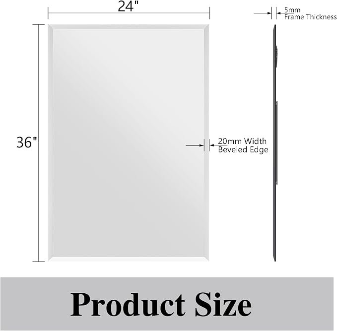 Frameless Bathroom Mirror, 24" x 36" Beveled Wall Mirror | 5mm HD glass, 20mm beveled edge, frameless, anti-rust, shatterproof, french cleat, horizontally or vertically