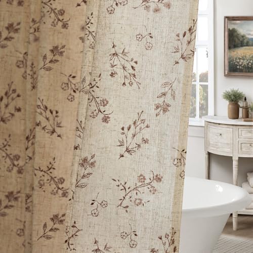 Brown Floral Farmhouse Vintage Linen Shower Curtain French Country 72Wx84H
