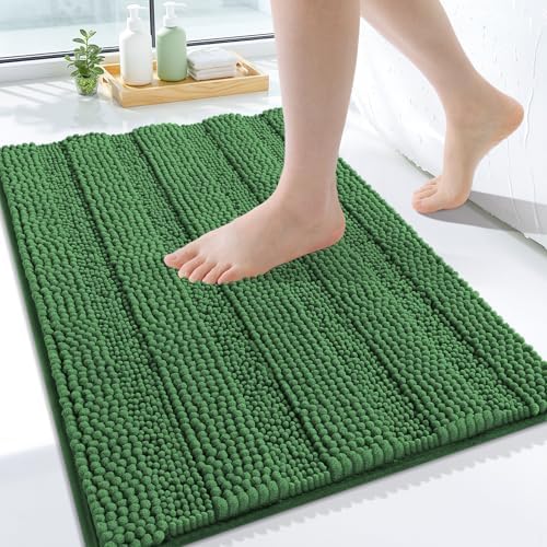 Grandaily Chenille Striped Bathroom Rugs 24x16, Extra Thick and Soft Absorbent Bath Mats, Rubber Backing, Plush Shaggy Shower Carpet, Machine Wash Dry, Bath Rug for Bathroom, Olive Green