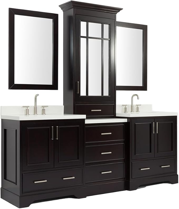 ARIEL Stafford 84-inch Bathroom Vanity with Sink,Solid Wood, 1.5-inch Pure White Quartz Countertop & Backsplash, Double Oval Porcelain Sink, 5 Soft Closing Doors, 6 Dovetail Drawers, Espresso