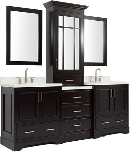ARIEL Stafford 84-inch Bathroom Vanity with Sink,Solid Wood, 1.5-inch Pure White Quartz Countertop & Backsplash, Double Oval Porcelain Sink, 5 Soft Closing Doors, 6 Dovetail Drawers, Espresso