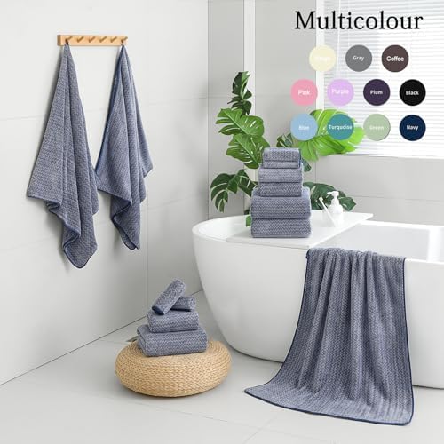 Ycosy 18 Piece Bath Towels Set,100% Microfiber Family Bathroom Towel with Hanging Loops-6 Bath Towels,6 Hand Towels,6 Washcloths,Quick Dry Highly Absorbent Shower Towel for Bathroom,Hotel,Spa-Navy