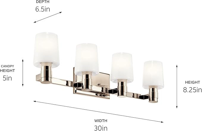 Kichler Adani 4-Light Vanity, Modern Light with Opal Glass in Polished Nickel, Bathroom (8.25" x 30"), 55177PN