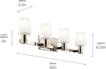 Kichler Adani 4-Light Vanity, Modern Light with Opal Glass in Polished Nickel, Bathroom (8.25" x 30"), 55177PN