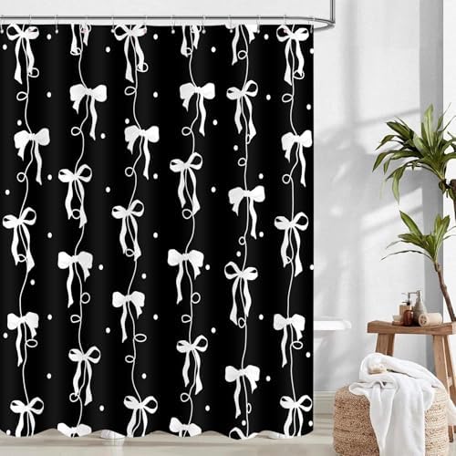 Black and White Bow Shower Curtain for Bathroom, Teen Girls Theme, 72x72In