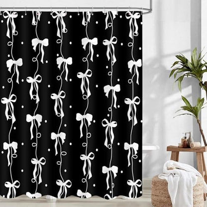 Black and White Bow Shower Curtain for Bathroom, Teen Girls Theme, 72x72In