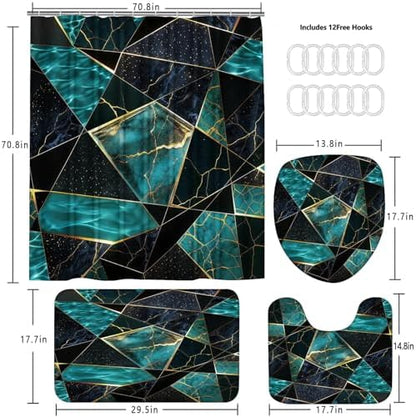 LQCOOL Teal Marble Geometric Shower Curtain Set Bathroom Sets Modern Shower Curtain Set for Bathroom Sets with Rugs and 12 Hooks