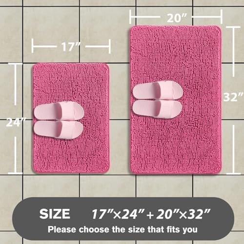 Hot Pink Bathroom Rugs Sets 2 Piece – Absorbent and Washable Bath Mat, Non-Slip, Thick Soft Chenille Bath Rugs for Bathroom Floor, Shower, Sink - 17" x 24"+20" x 32"