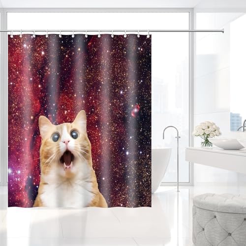 Funny Ginger Cat Red Galaxy Nebula Shower Curtain with Hooks 72 x 72 Inches