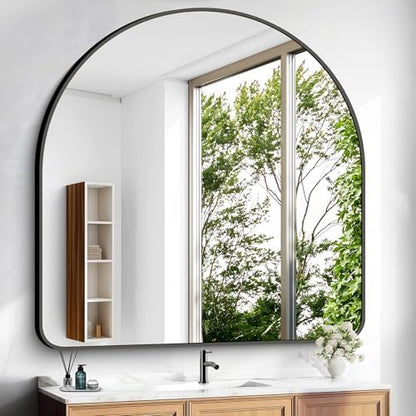 Arched Bathroom Mirror, 45"x45" Black Arched Mirror for Bathroom, Wall Mounted Mirror, Black Vanity Wall Mirror Metal Frame for Bedroom, Entryway, Living Room, Hanging or Leaning Against Wall