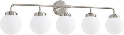 Bathroom Light Fixtures Over Mirror, Brushed Nickel Modern Vanity Lighting with Milk White Glass Globe Shades 5-Light Farmhouse Wall Sconce