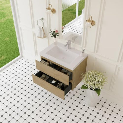 KEIKI 30'' Wall-Mounted Bathroom Vanity with Sink - Floating Design, 2 Soft-Close Drawers & Resin Basin, Space-Saving for Small Bathrooms, Natural Oak
