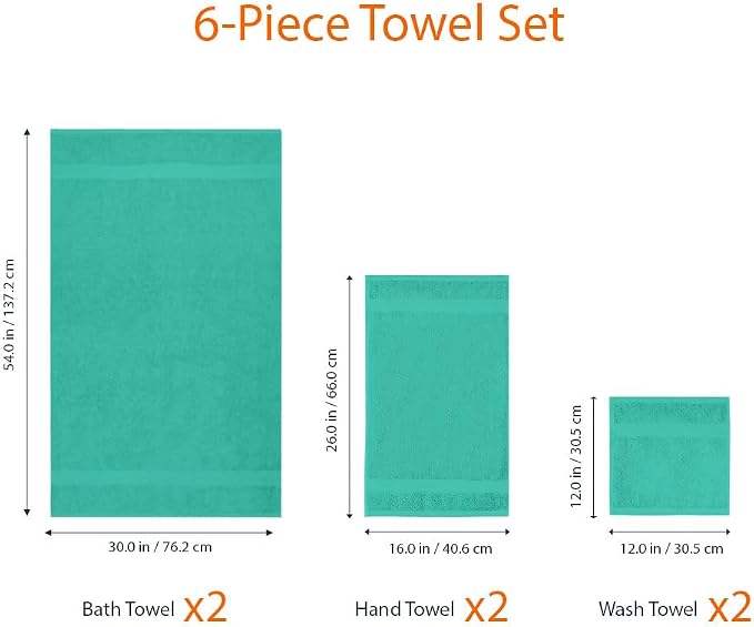 Amazon Basics 6-Piece Oversized Fade-Resistant Towel Set, 100% Cotton, Highly Absorbent, Soft, Teal, 2 Bath Towels, 2 Hand Towels, 2 Washcloths