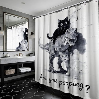 Extra Tall Shower Curtain XL Cat Riding Dinosaur, 70 x 84 Inchs