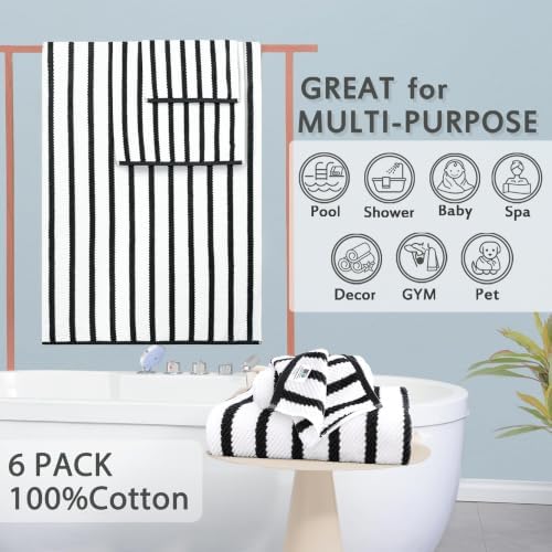 VOOVA & MOVAS 6PC Towel Set, 100% Cotton, Black White