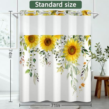 No Hook Sunflower Shower Curtain with Snap in Liner 71x74 Inch