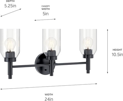 Kichler Madden 3-Light Vanity with Clear Glass in Black, Sloped Ceiling Compatible, for Single Vanity in Bathroom (10.5" x 24"), 55185BK