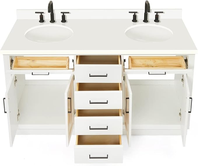 ARIEL Hepburn 60-inch Bathroom Vanity with Sink,Solid Wood, 1.5-inch Pure White Quartz Countertop & Backsplash, Double Oval Porcelain Sink, 4 Soft Closing Doors, 6 Dovetail Drawers, White