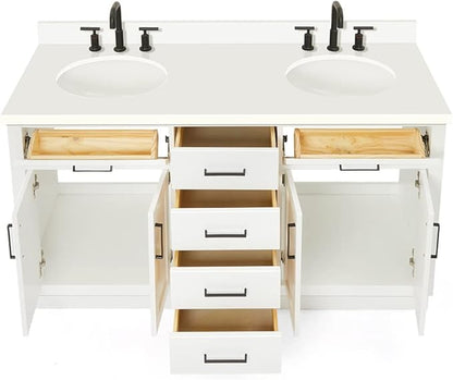 ARIEL Hepburn 60-inch Bathroom Vanity with Sink,Solid Wood, 1.5-inch Pure White Quartz Countertop & Backsplash, Double Oval Porcelain Sink, 4 Soft Closing Doors, 6 Dovetail Drawers, White