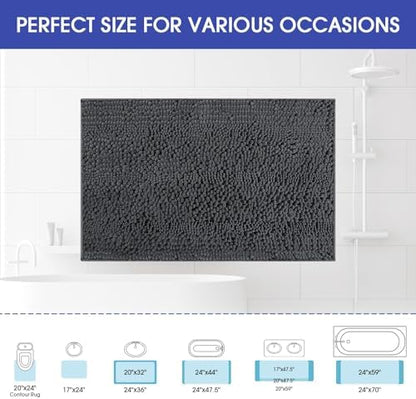 ACCUMTEK Striped Grey Bathroom Rug Mat 32"x20" Ultra Soft, Non Slip Chenille Bath Rugs, Absorbent Plush Shaggy Bath Mats for Bathroom, Bedroom, Kitchen, Shower, Tub,Deep Grey