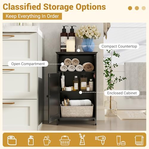 LDAILY Bathroom Cabinet, Freestanding Small Cabinet with Door, 3-Position Adjustable and Removable Shelf, Anti-Tipping Device, Wooden Floor Organizer for Bathroom, Kitchen, Office (Dark)