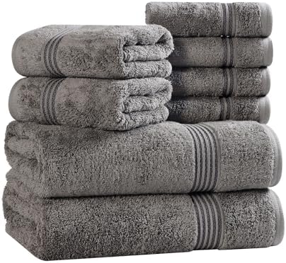 SUPERIOR Egyptian Cotton 8-Piece Towel Set, Assorted Towels for Home Bathroom, Master, Guest Bath, Decor Essentials, Includes 2 Bath, 2 Hand, 4 Face Towels/Washcloths, Quick Dry, Absorbent, Charcoal