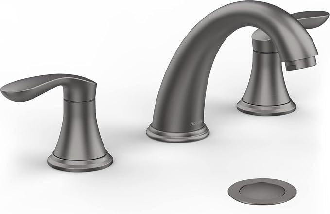 Bathroom Sink Faucet, Faucet for Bathroom Sink, Widespread Gun Grey Bathroom Faucet 3 Hole with Stainless Steel Pop Up Drain and cUPC Lead-Free Hose - (Gun Grey)