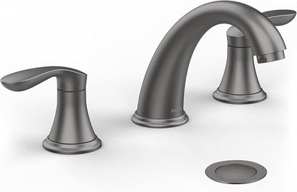 Bathroom Sink Faucet, Faucet for Bathroom Sink, Widespread Gun Grey Bathroom Faucet 3 Hole with Stainless Steel Pop Up Drain and cUPC Lead-Free Hose - (Gun Grey)