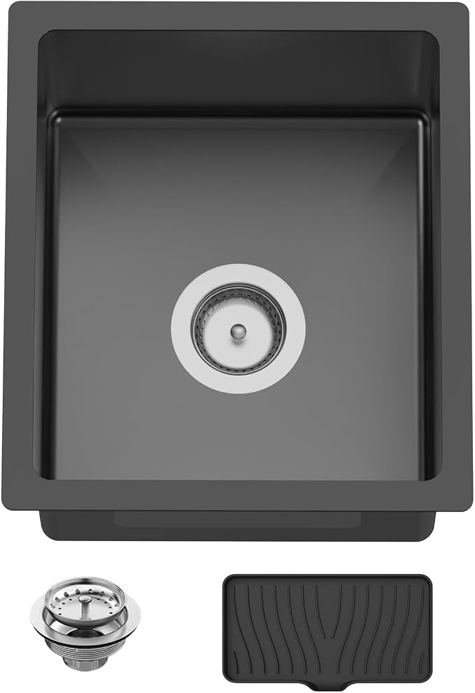 Black 15x17 In Undermount Kitchen And Bar Sink- Stainless Steel Single Bowl Kitchen Sink Modern Drop In Bar Sink With Silicon Mat,Drain Strainer Set Compatibility With Various Kitchen & Bar Style