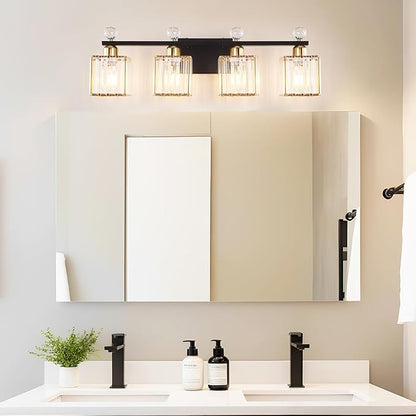 Lxybcce Bathroom Vanity Lights Over Mirror - Easy Installation with Clear Guide, 4-Light Shadow-Free Design, Black and Gold Crystal Finish - for Modern Home Bathroom Lighting Fixtures in DIY Projects