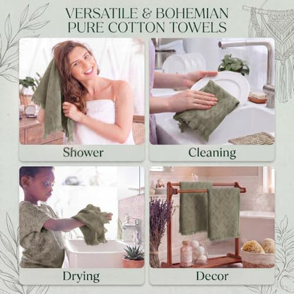 HunnmingRe 4 Pack Boho Hand Towel for Kitchen, Sage Green