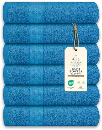 Bath Towels Pack of 6 – 24" x 48" – 100% Cotton Terry, Soft, Quick-Dry & Highly Absorbent – Teal Blue Towels for Bathroom, Spa, Gym, Hotel, Pool & Everyday Use