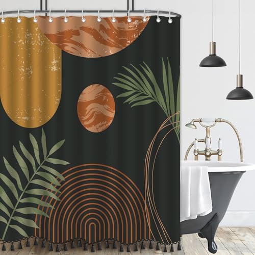 Boho Mid Century Leaf Shower Curtain Set,Arch Sun Design,Minimalistic Leaves Pattern,Waterproof and Luxurious Fabric-12 Hooks(Coffee Brown-72" x 84")