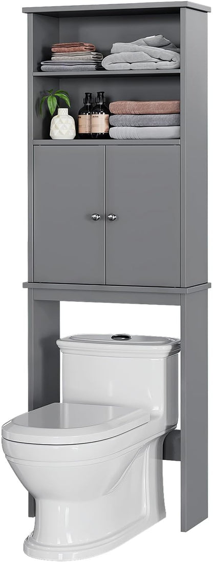 Over the Toilet Storage Cabinet for Bathroom, 75in Over Toilet Cabinet Freestanding Storage Organizer, Space Saver with Doors and Adjustable Shelf, Grey
