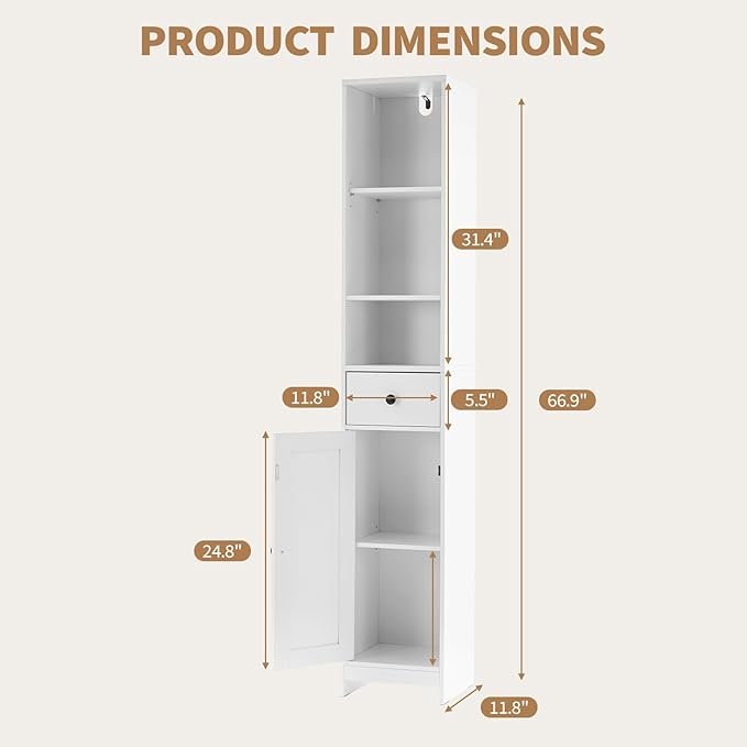 GarveeHome Tall Narrow Bathroom Cabinet, 66.9" Small Skinny Bathroom Storage Cabinet for Small Spaces | Freestanding Water Resistant Organizer for Bathroom, Kitchen, Hallway (3 Open Shelves, White)