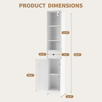 GarveeHome Tall Narrow Bathroom Cabinet, 66.9" Small Skinny Bathroom Storage Cabinet for Small Spaces | Freestanding Water Resistant Organizer for Bathroom, Kitchen, Hallway (3 Open Shelves, White)