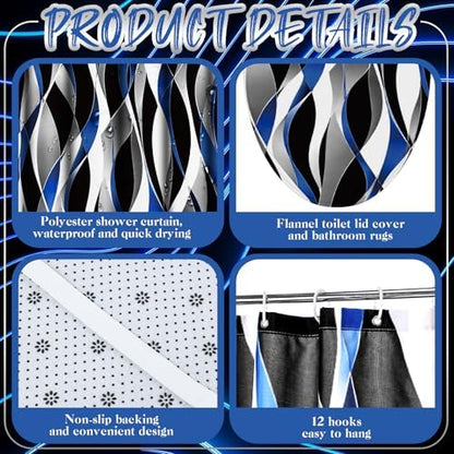 Honoson 8 Pcs Black Blue White Striped Shower Curtain Bathroom Set