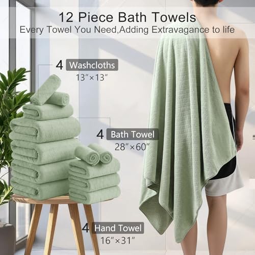 Luxury Bath Towels Set - 12 Piece (4 Large Bath Towels,4 Hand Towels,4 Washcloths), 100% Microfiber,Extra Absorbent Super Soft & Quick Dry,Complete Family Pack for Bathroom Gym Pool,Green