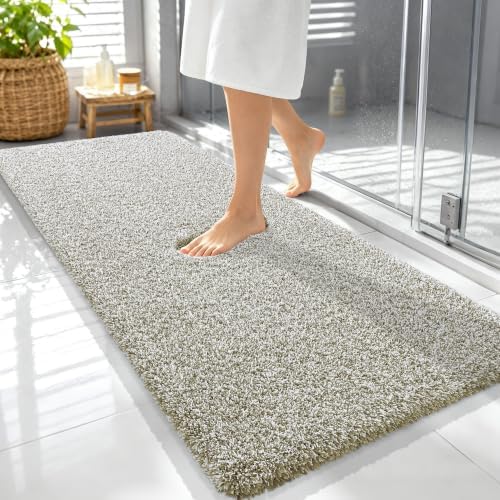OLANLY Microfiber Bathroom Rugs 59x24, Quick Dry Mat, Moss Green and White