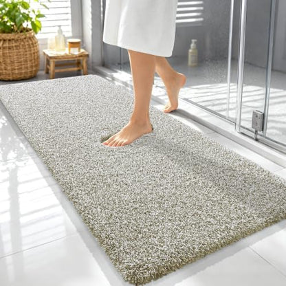 OLANLY Microfiber Bathroom Rugs 59x24, Quick Dry Mat, Moss Green and White