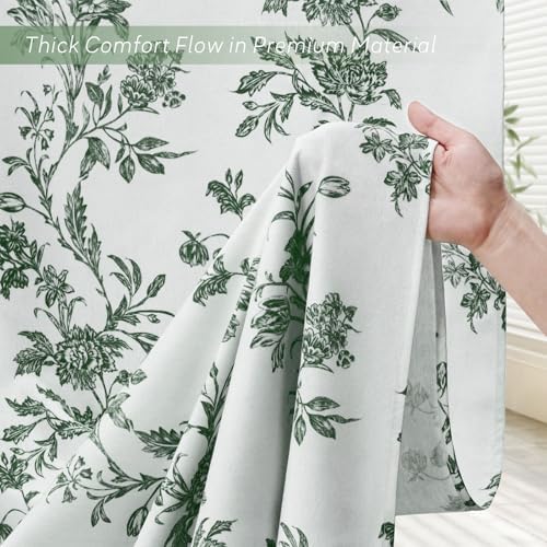 Green Floral Shower Curtain,Vintage Cotton Cottagecore Shower Curtains for Bathroom, 72" W x 72" L
