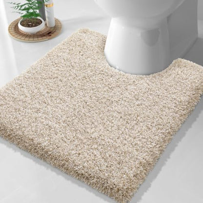 Yimobra Toilet Rugs U Shaped 24X20, Ultra Soft and Water Absorbent Bath Mats, Non Slip Fluffy Luxury Microfiber Contour Bath Rugs for Toilet, Dry Quick, Machine Washable, Light Beige and White