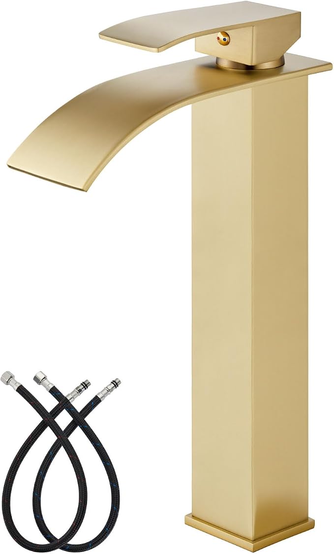 gotonovo Waterfall Tall Bathroom Faucet 1 Hole No Drain, Brushed Gold | Modern Vessel Sink Faucet Single Handle 304 Stainless Steel,24” cUPC Supply Hoses,for Bowl Basin Lavatory Vanity Restroom RV