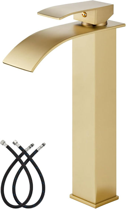 gotonovo Waterfall Tall Bathroom Faucet 1 Hole No Drain, Brushed Gold | Modern Vessel Sink Faucet Single Handle 304 Stainless Steel,24” cUPC Supply Hoses,for Bowl Basin Lavatory Vanity Restroom RV
