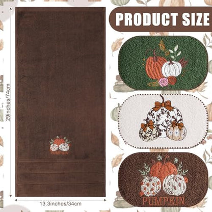 FuWeave 3 Pcs Green Brown Fall Pumpkin Hand Towels for Bathroom