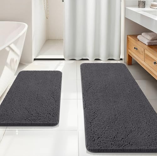 OLANLY Chenille Bathroom Rugs Mats Sets 2 Piece, 59"x20"+30"x20", Dark Grey