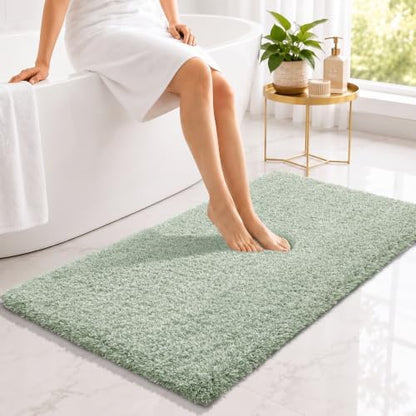 Yimobra Light Green and White Bathroom Rugs Non Slip Washable 44X24, Ultra Soft and Water Absorbent Bath Mats, Plush Fluffy Shower Mat Outside, Luxury Microfiber Thick Matts for Bathroom Floor/Tub
