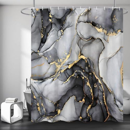 Black Marble Shower Curtain, Modern Abstract Luxury Black Gold Ink Texture Watercolor Art Bathroom Curtains Ombre Machine Washable Waterproof Fabric Bathtub Curtain Set with Hooks 36" Wx72 L