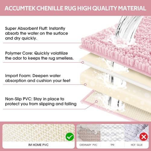ACCUMTEK Upgrade Extra Large Pink Bathroom Rug Set 3 Pieces Ultra Soft, Thick Absorbent Bath Mats, Non Slip Chenille Toilet Mat for Bathroom, Bedroom, Kitchen